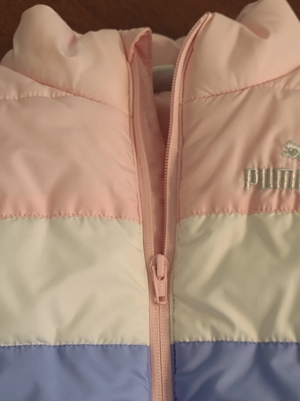 Puma Girls size Medium 10-12, Colorblock Puffer Vest - Pink, White & Blue